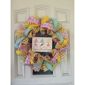 Hanging with My Gnomies Easter Mesh Ribbon Spring Wreath Front Door Hanger, xxx